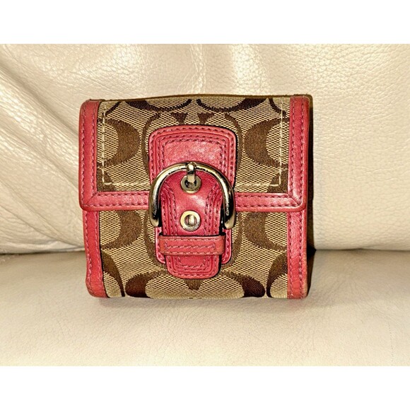 Coach Handbags - Coach Signature Canvas Tri-Fold Wallet Buckle Tab Leather Trim Brown Pink